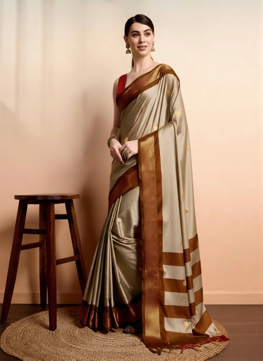Elegant Tussar Beige & Rich Brown Paithani Cotton Silk Saree