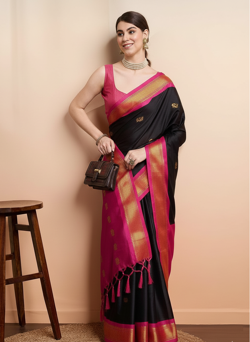 Midnight Black & Pink Paithani Cotton Silk Saree