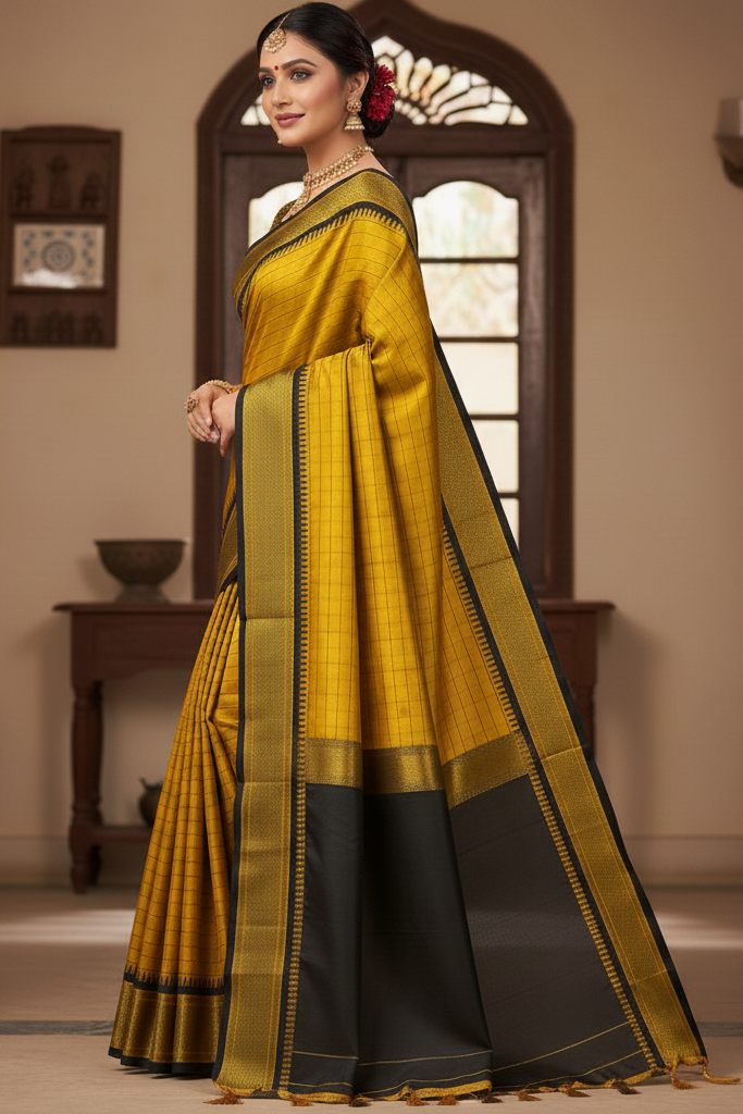 Royal Gold & Black Checks Paithani Cotton Silk Saree with Zari Border