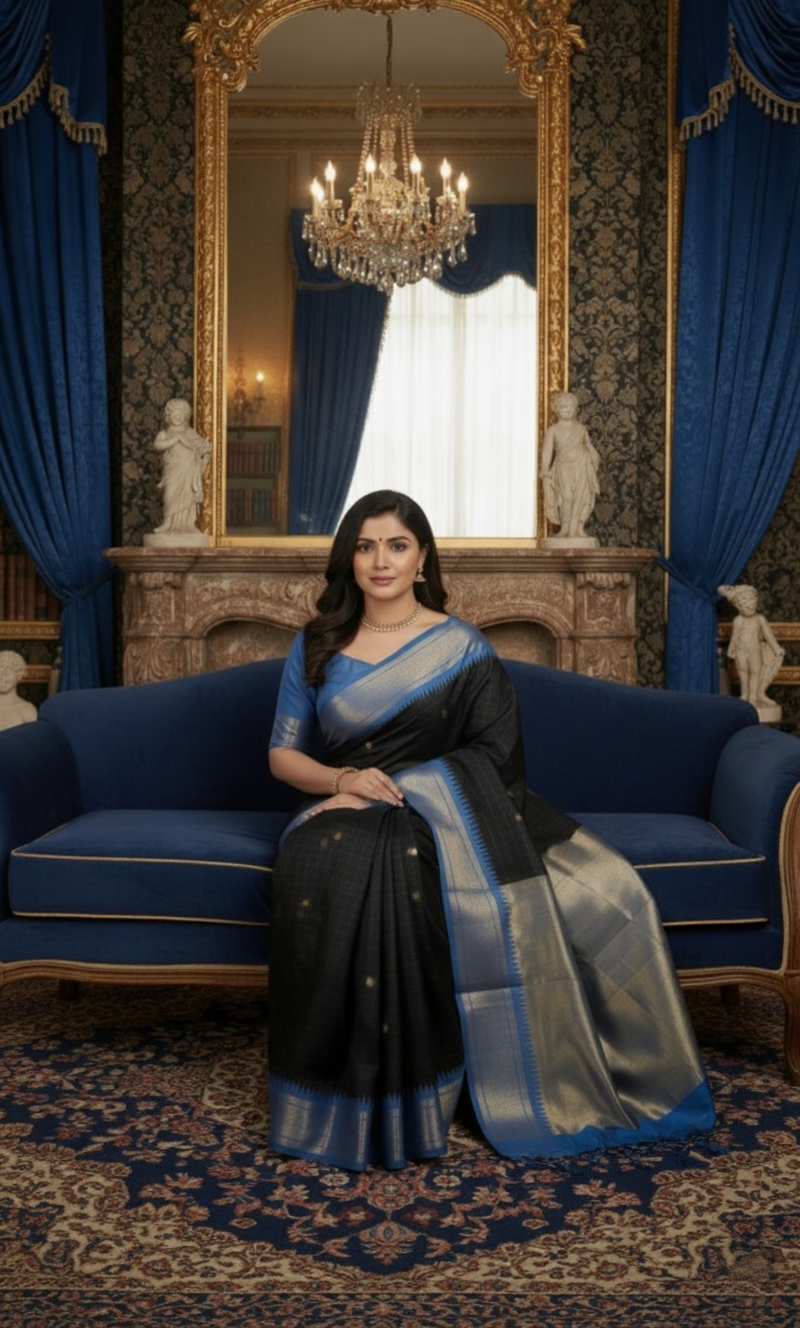 Royal Black & Blue Checks Paithani Silk Saree with Zari Border