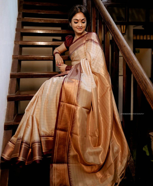 Elegant Cream & Brown Checks Paithani Cotton Silk Saree with Gold Zari Border