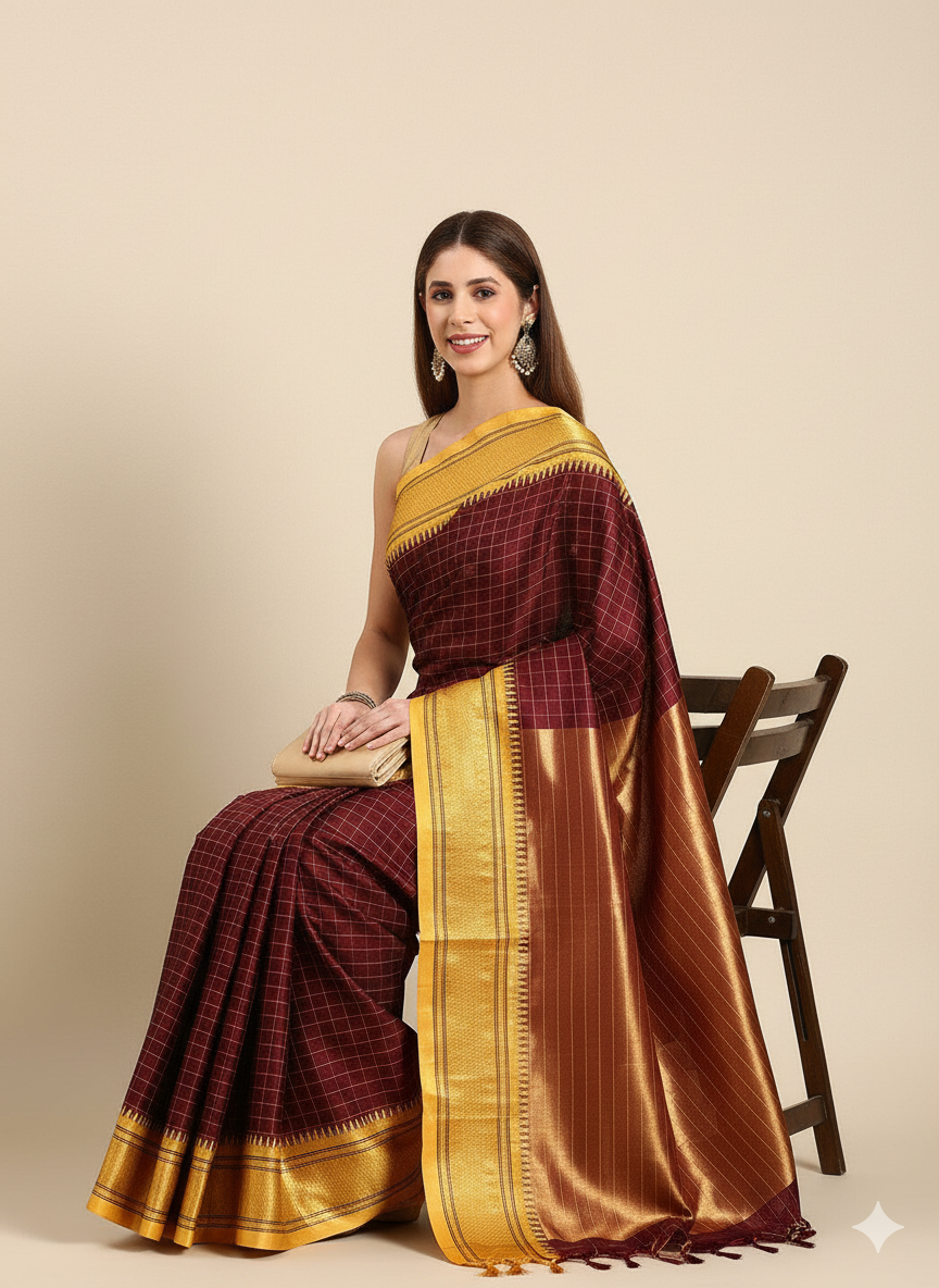 Rich Dark Maroon & Golden Yellow Checks Paithani Cotton Silk Saree with Zari Border