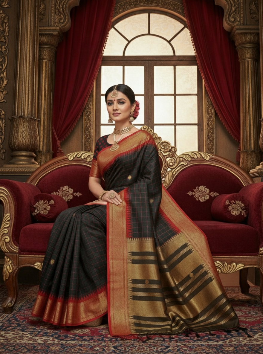 Elegant Black & Red Checks Paithani Cotton Silk Saree with Gold Zari Border