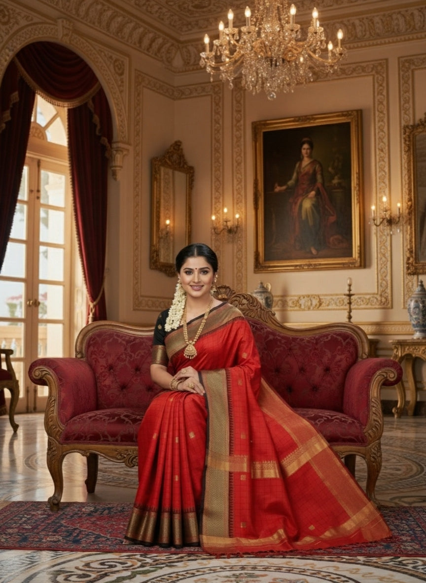 Royal Red & Black Cotton Silk Checks paithani Saree