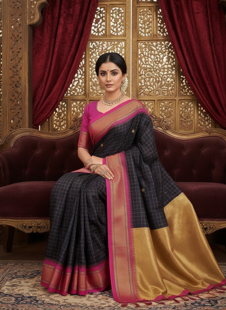 Elegant Black Checks Paithani Cotton Silk Saree with Pink & Gold Zari Border