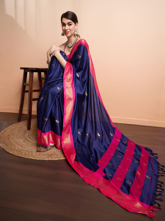 Elegant Navy Blue & Rani Pink Paithani Cotton Silk Saree