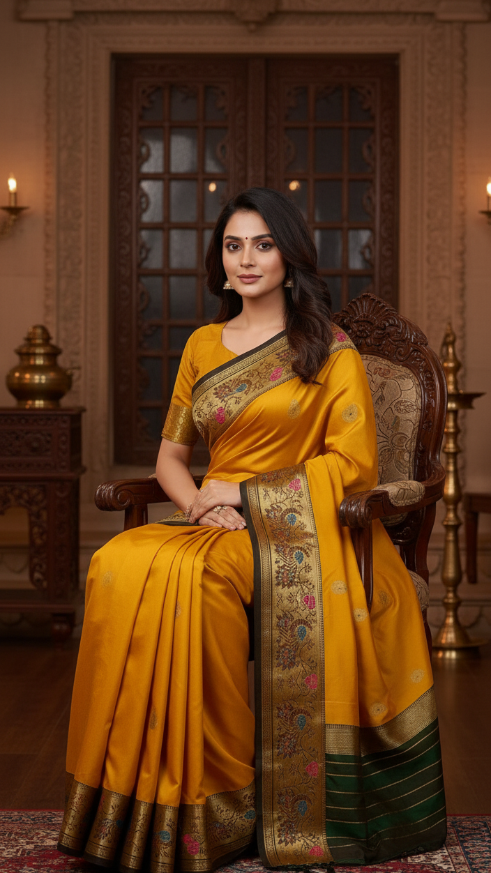 Mustard Gold Jacquard Silk Saree with Peacock Zari Border