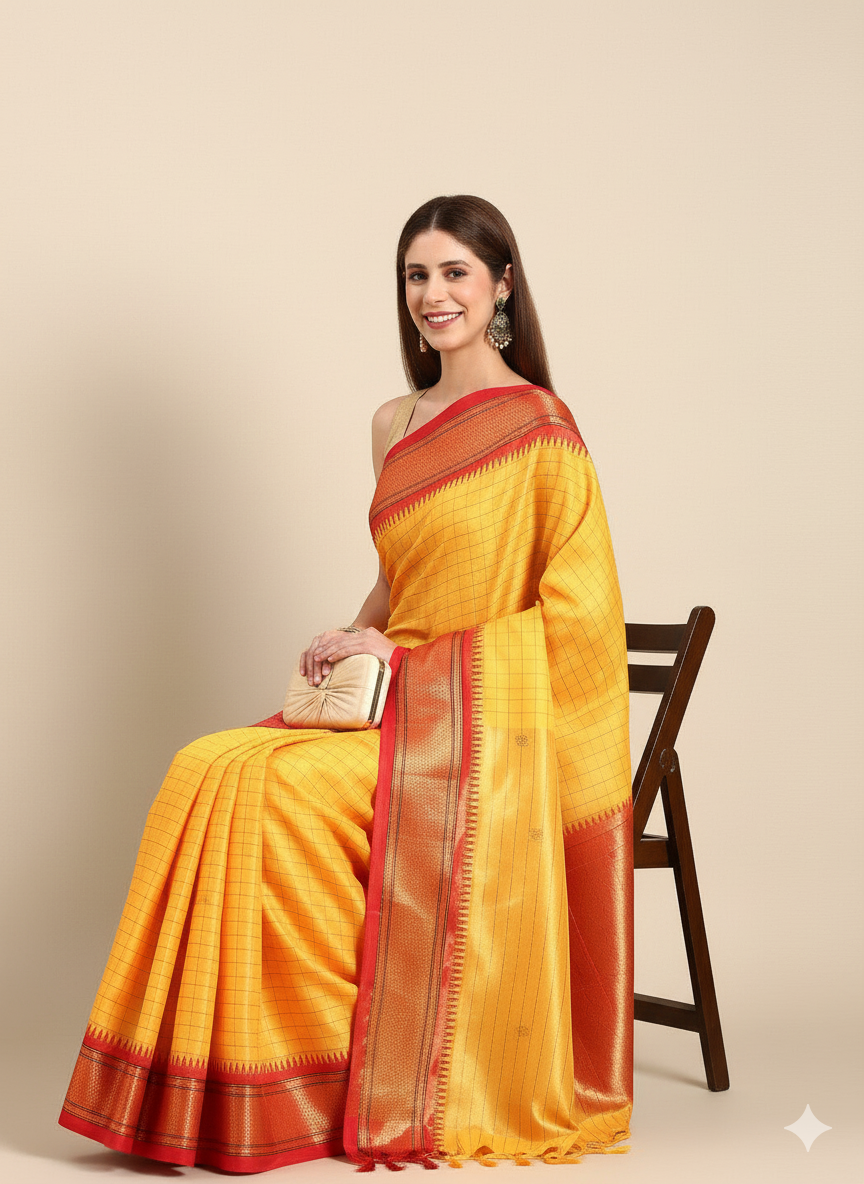 Vibrant Orange Yellow & Red Cotton Silk check paithani Saree