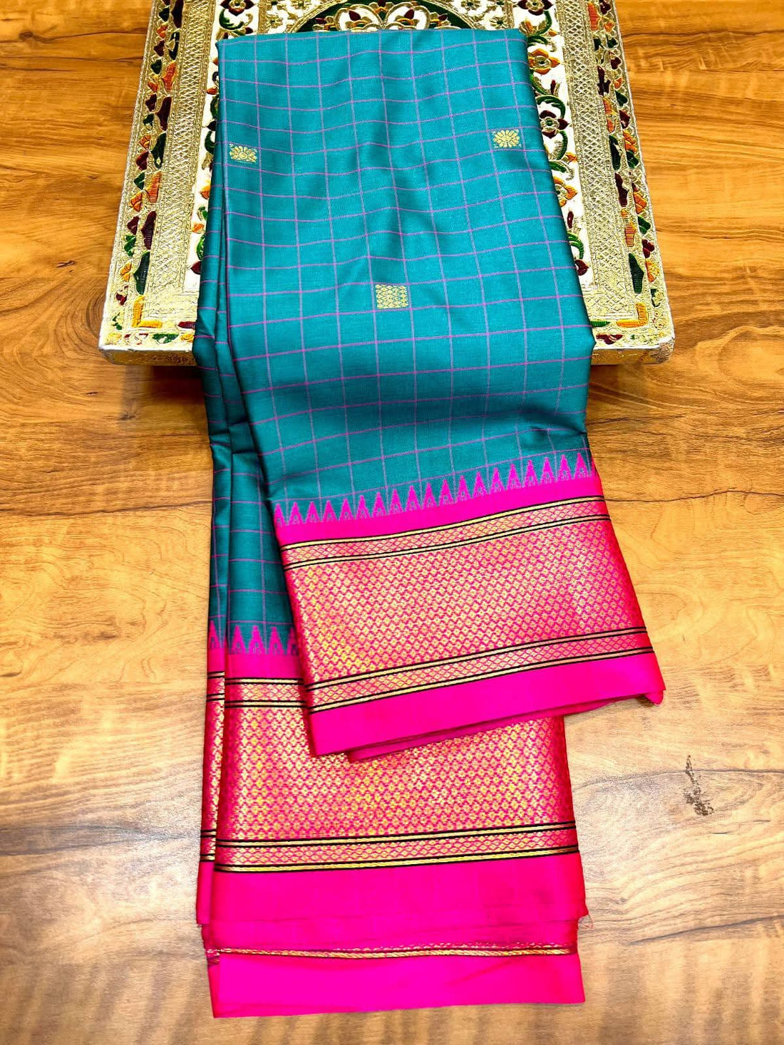 Teal Blue & Rani Pink Checked Cotton Silk Saree with Rich Zari Border