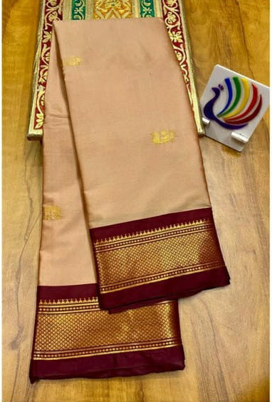 Royal Beige Paithani Cotton Silk Saree with Brown Zari Border