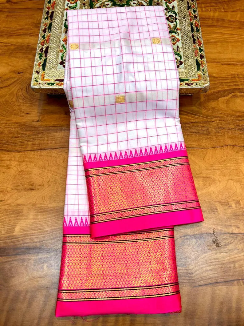 White & Rani Pink Checked Cotton Silk Saree with Rich Zari Border