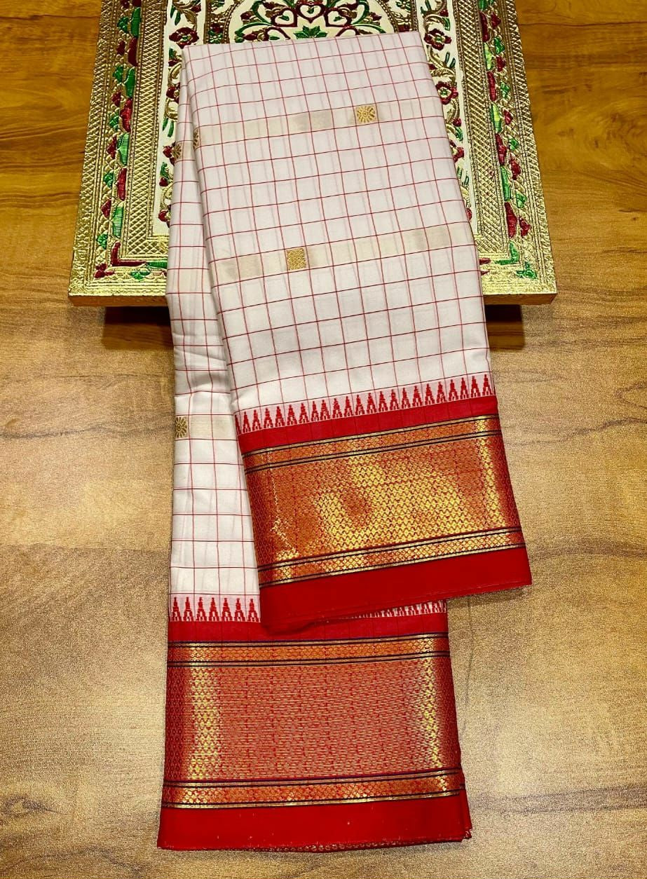 White & Red Checked Cotton Silk Saree with Rich Zari Border
