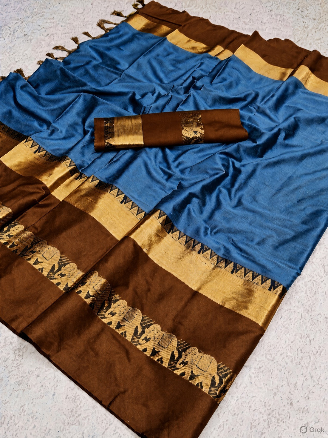 Cyan and Brown Cotton Silk Saree