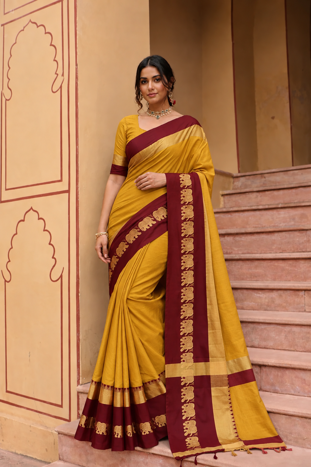 Mustard Yellow & Maroon Cotton Silk Savanna Elephant Saree