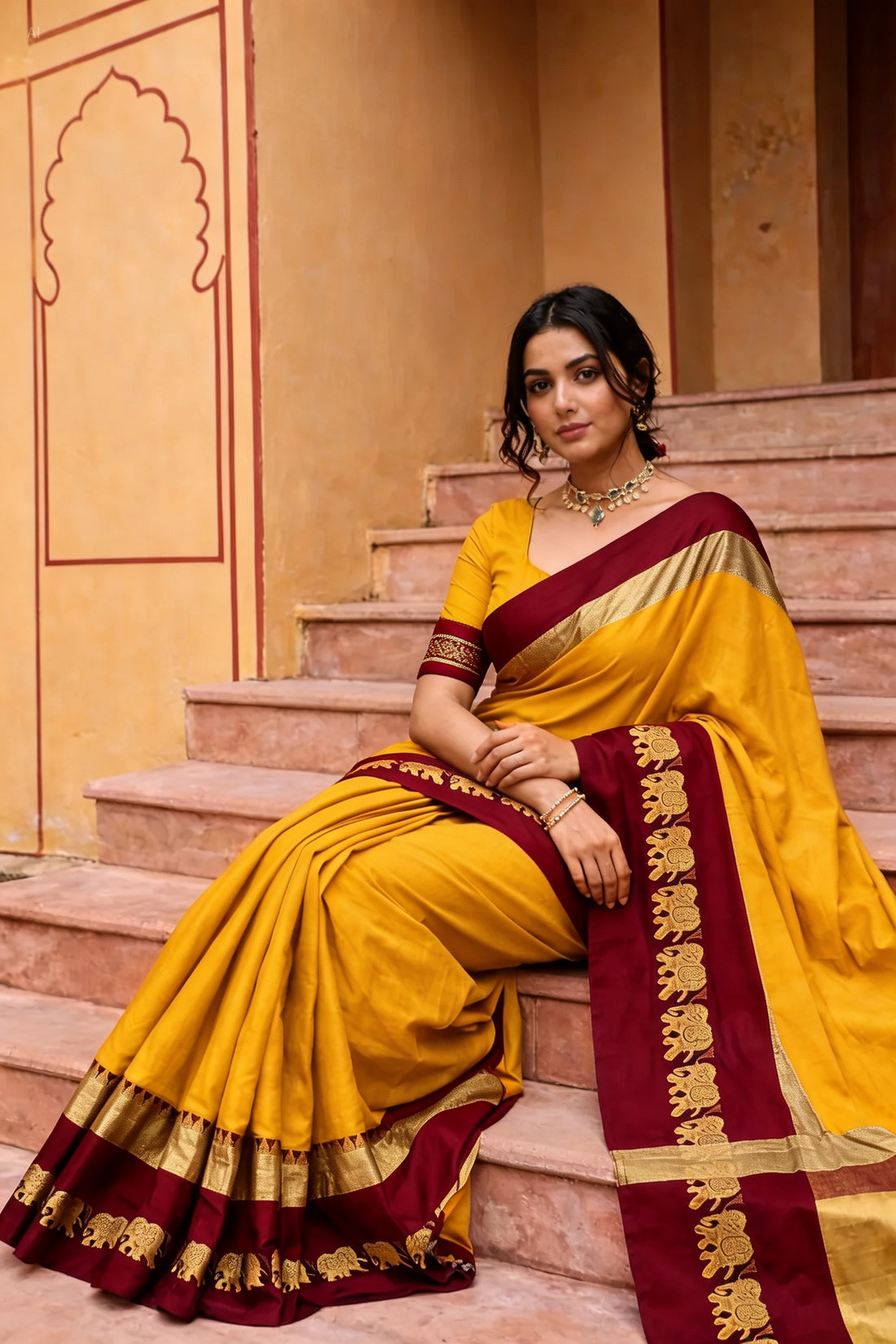 Mustard Yellow & Maroon Cotton Silk Savanna Elephant Saree