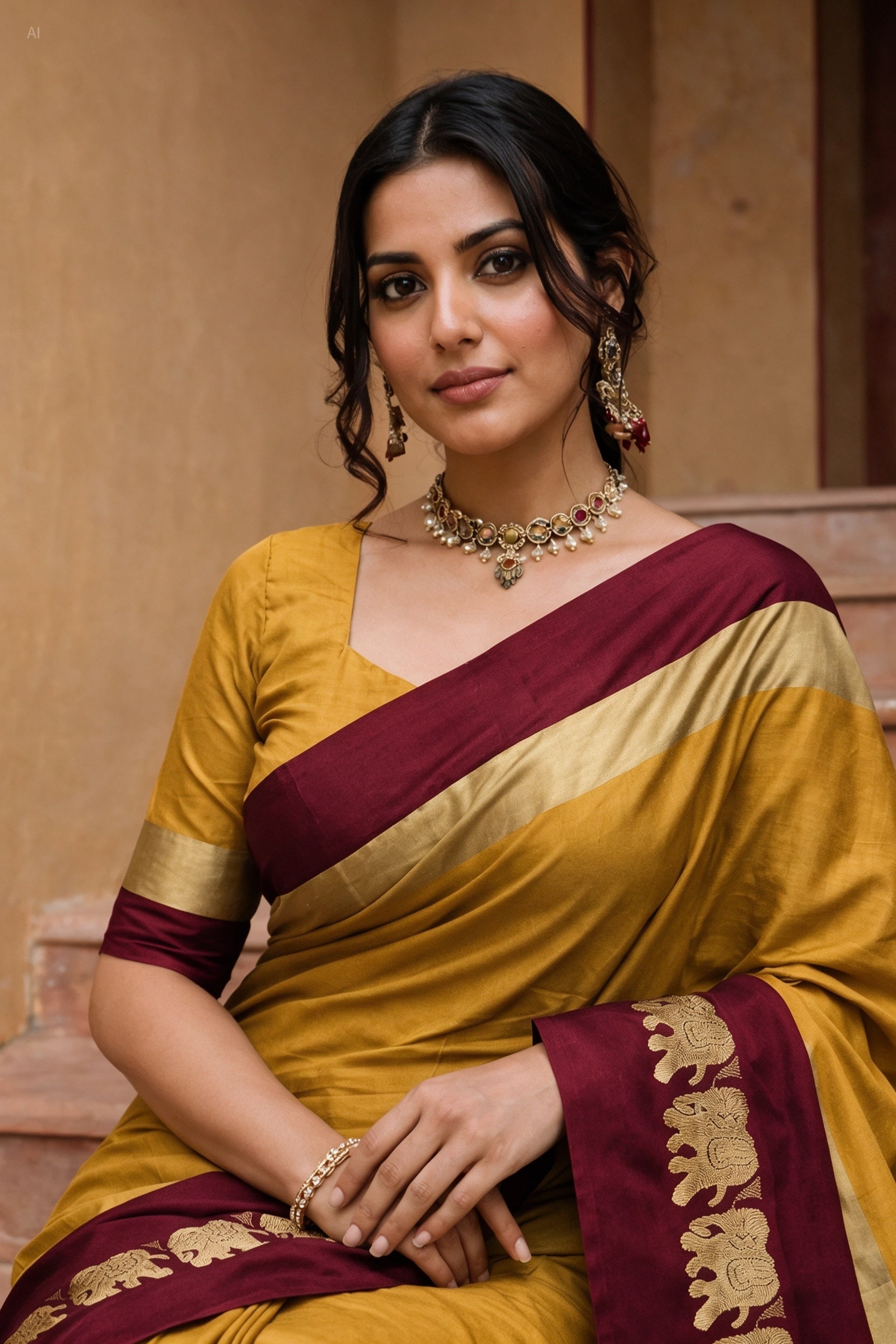 Mustard Yellow & Maroon Cotton Silk Savanna Elephant Saree