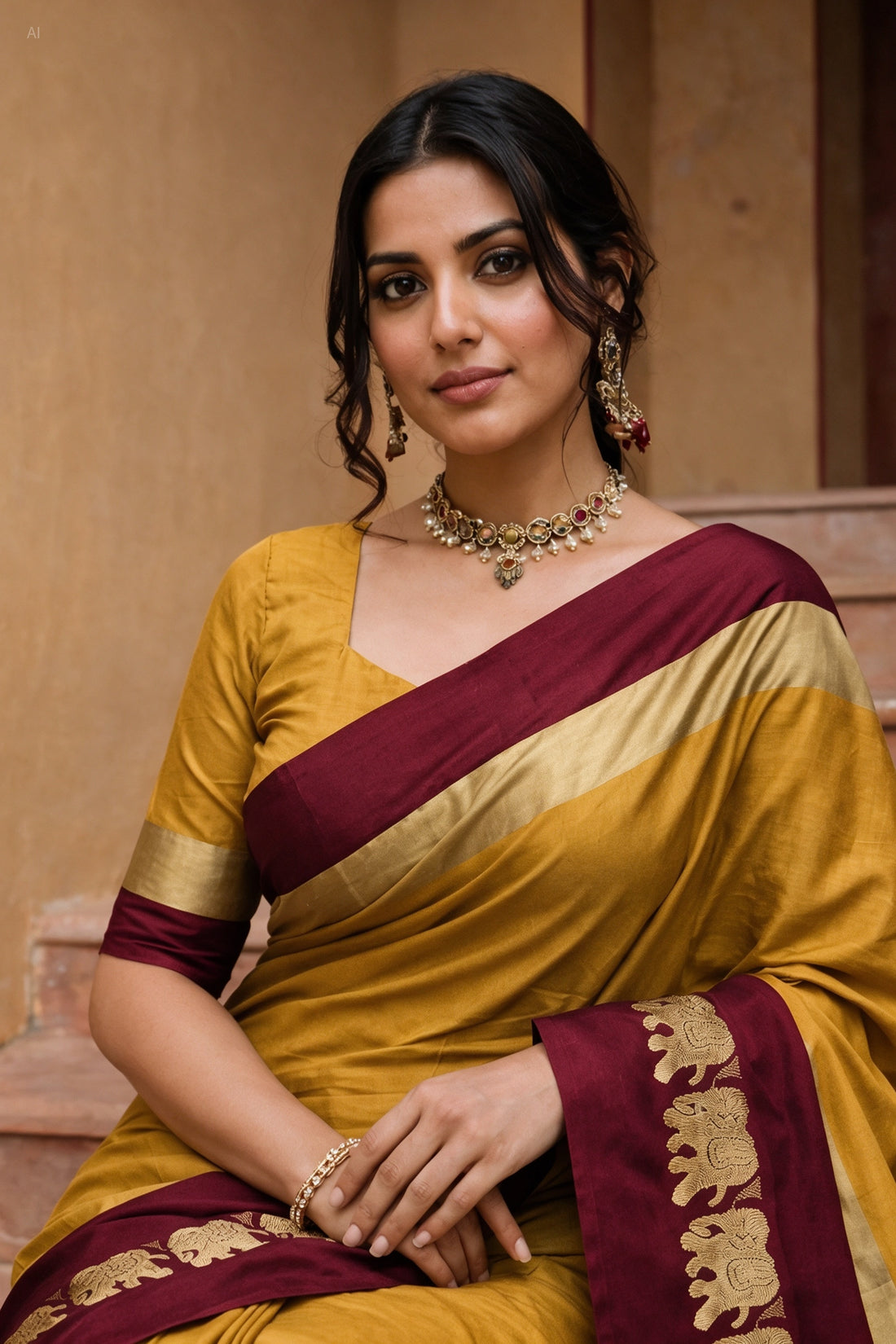 Mustard Yellow & Maroon Cotton Silk Savanna Elephant Saree