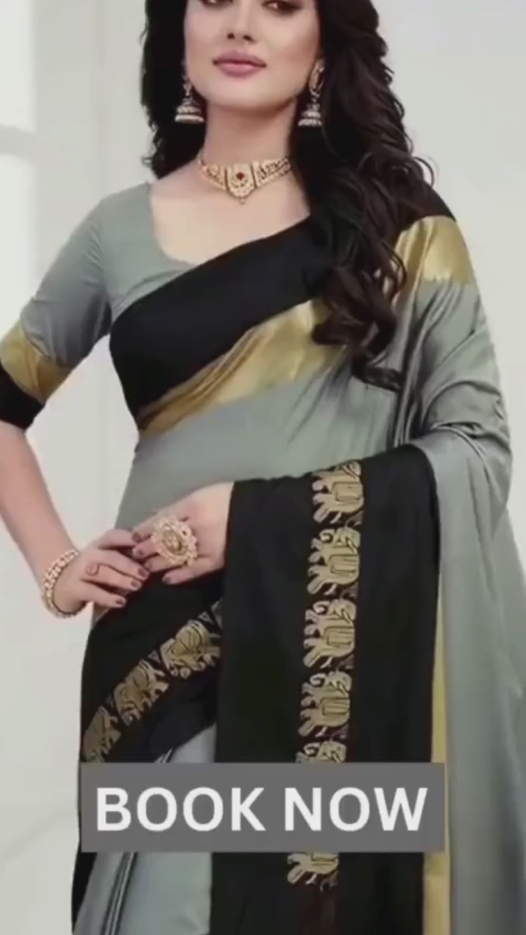 Steel Grey & Classic Black Cotton Silk Savanna Elephant Saree
