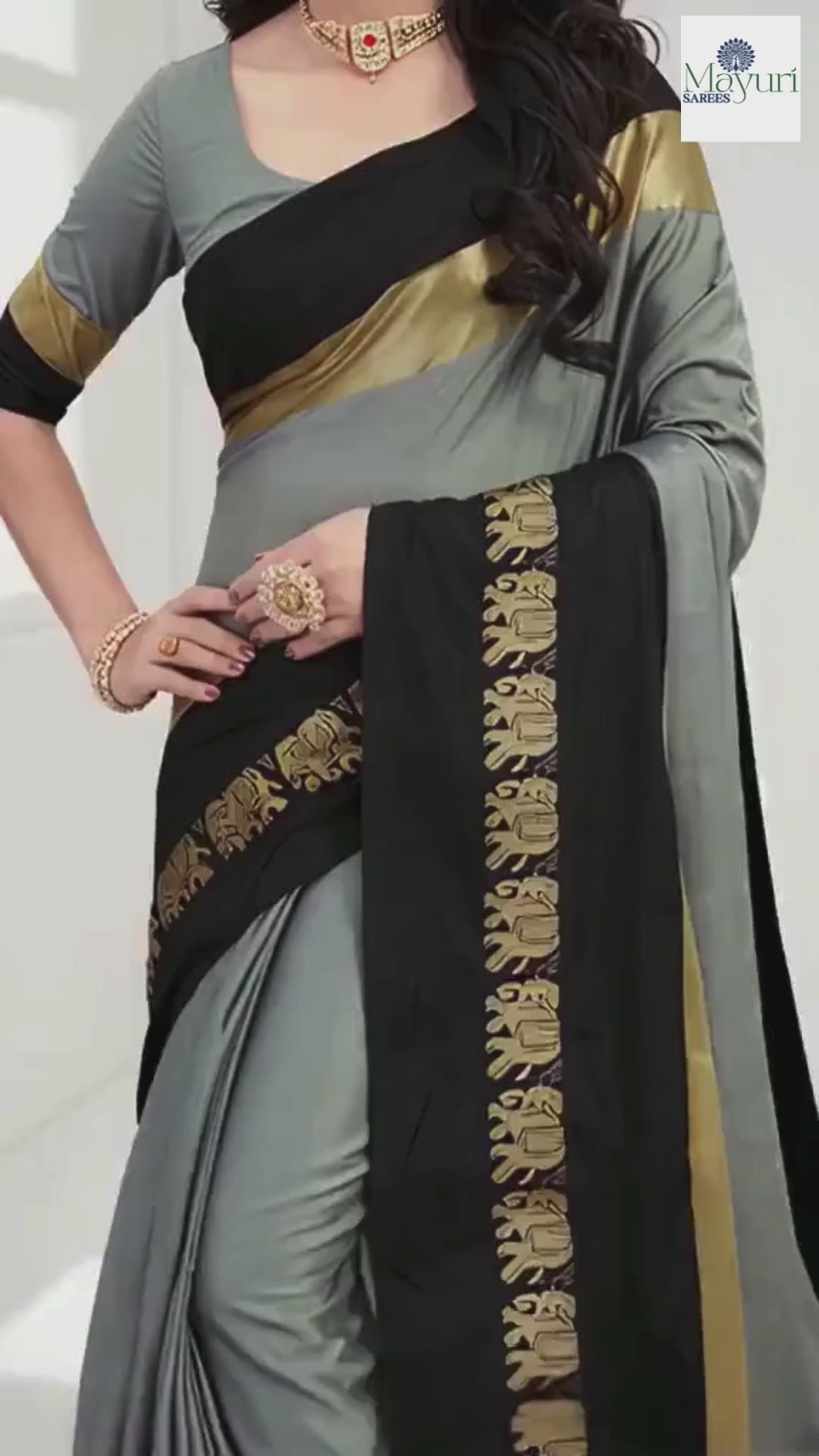 Steel Grey & Classic Black Cotton Silk Savanna Elephant Saree