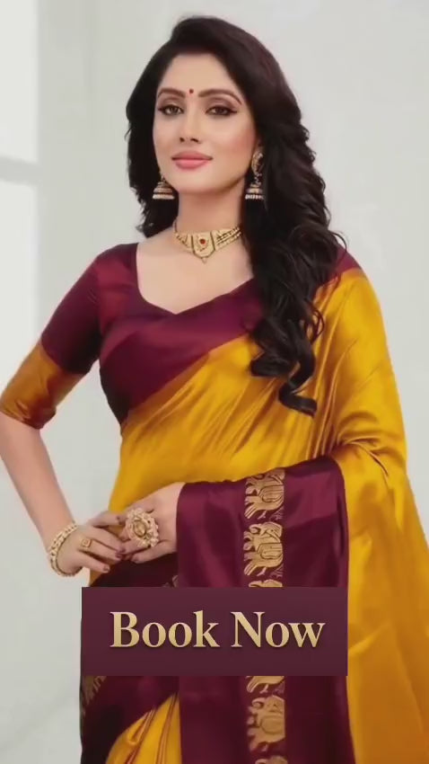 Mustard Yellow & Maroon Cotton Silk Savanna Elephant Saree