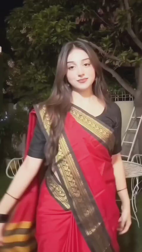 Red & Coffee Brown Cotton Silk kalyani Saree