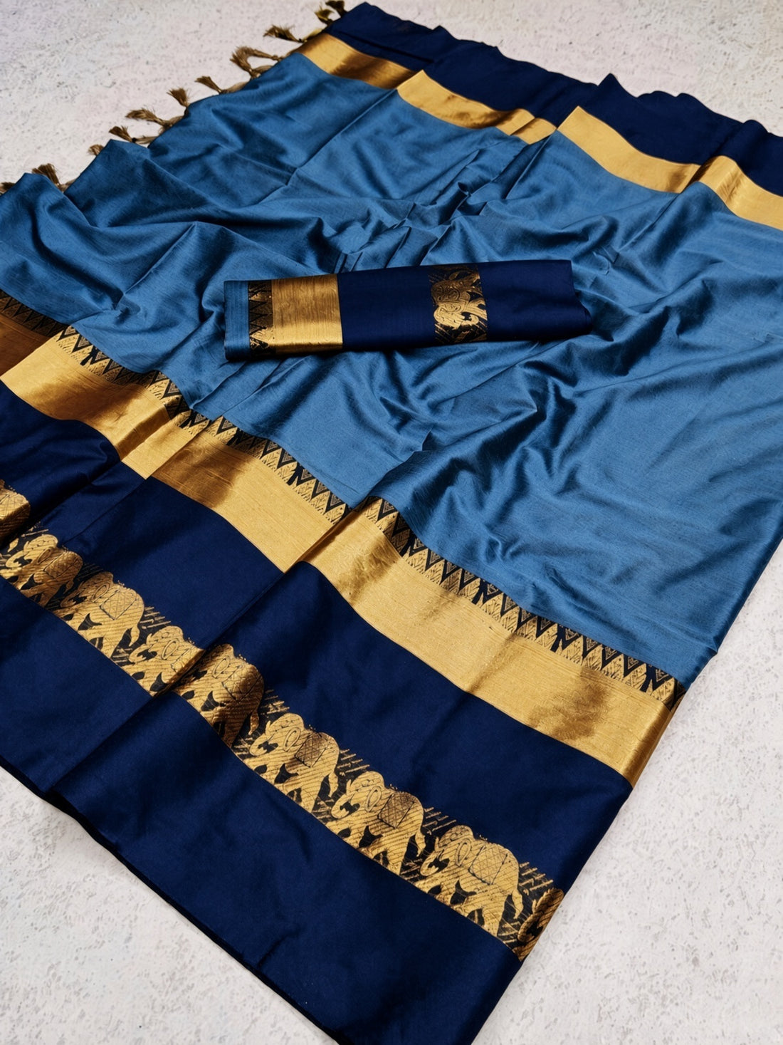 Cyan and Navy Blue Cotton Silk Saree