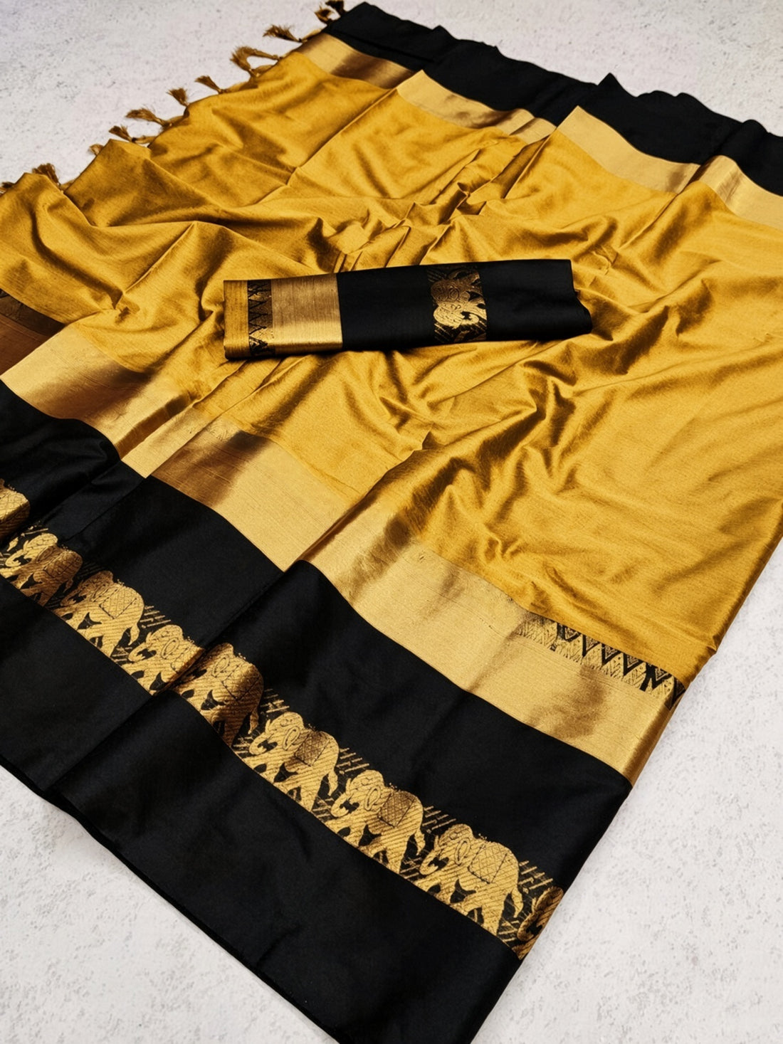Golden Mustard & Black Cotton Silk Savanna Elephant Saree