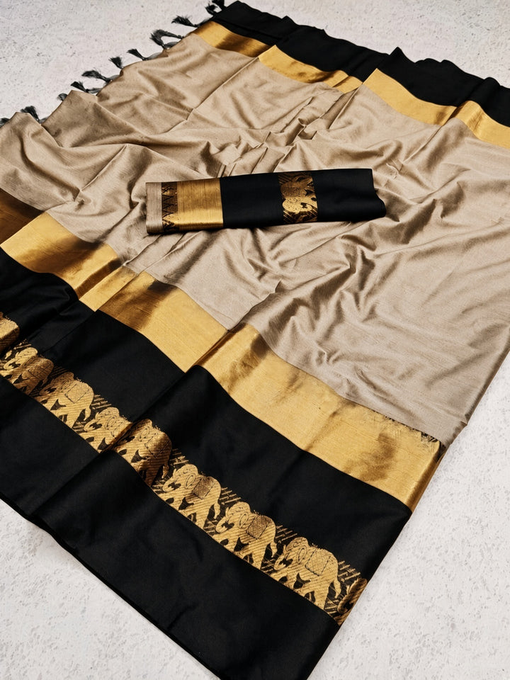 Tussar Beige & Black Cotton Silk Savanna Elephant Saree